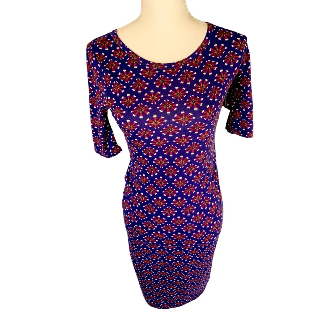 NWT LuLaRoe Blue Red Floral Half Sleeve Form Fitting Midi Julia Dress Women's XS